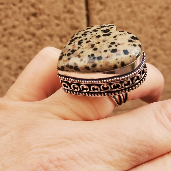 New Oversized Heart Shaped Dalmatian Jasper 925 Silver Statement Ring. - Picture 8 of 11